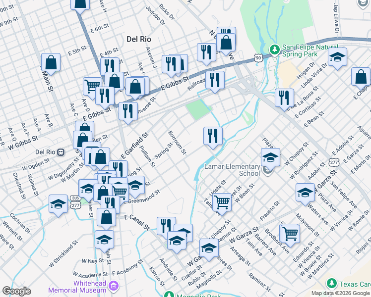 map of restaurants, bars, coffee shops, grocery stores, and more near 312 Borroum Street in Del Rio
