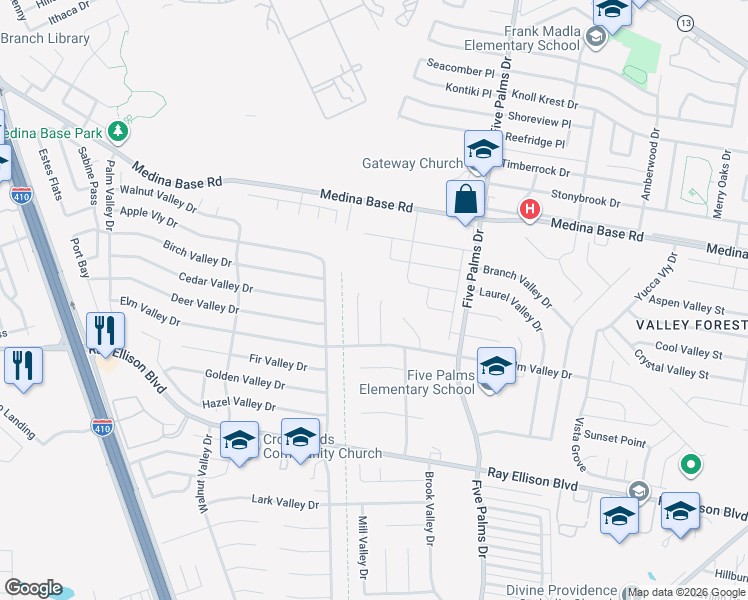 map of restaurants, bars, coffee shops, grocery stores, and more near 7014 Clear Valley Drive in San Antonio