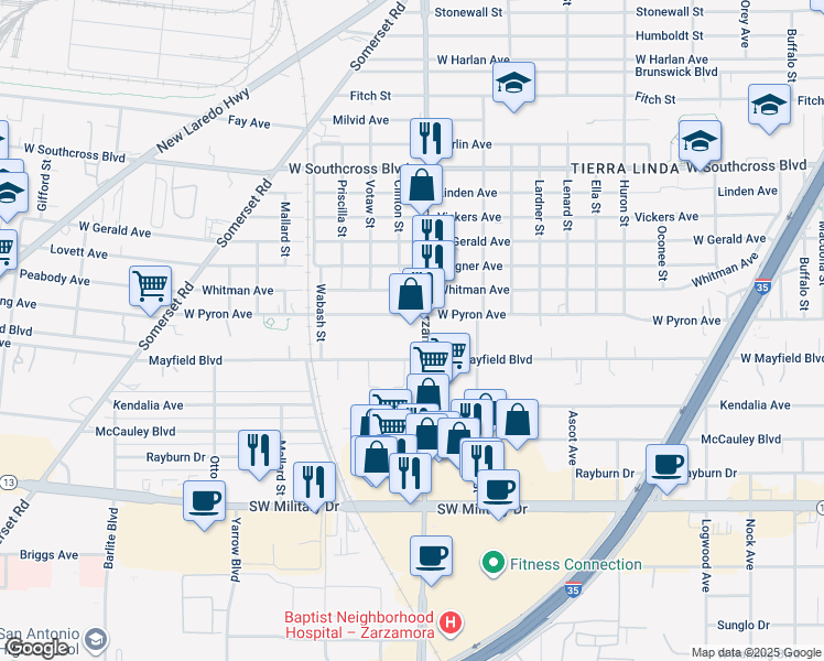 map of restaurants, bars, coffee shops, grocery stores, and more near 6623 South Zarzamora Street in San Antonio