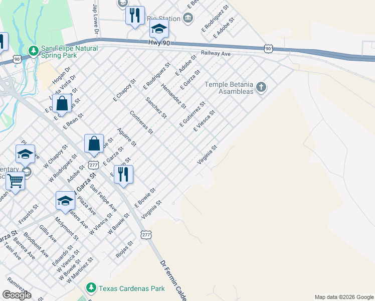 map of restaurants, bars, coffee shops, grocery stores, and more near 415 East Bowie Street in Del Rio