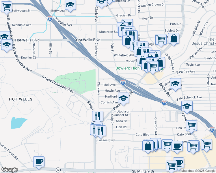 map of restaurants, bars, coffee shops, grocery stores, and more near 130 Idell Avenue in San Antonio