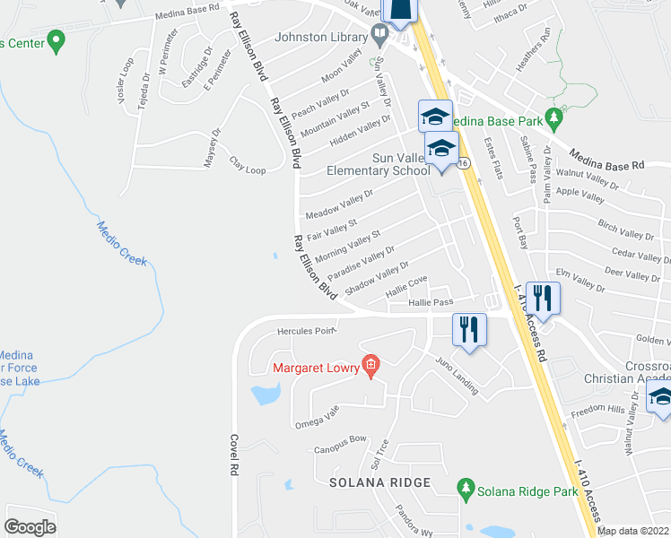 map of restaurants, bars, coffee shops, grocery stores, and more near 191 Paradise Valley Drive in San Antonio