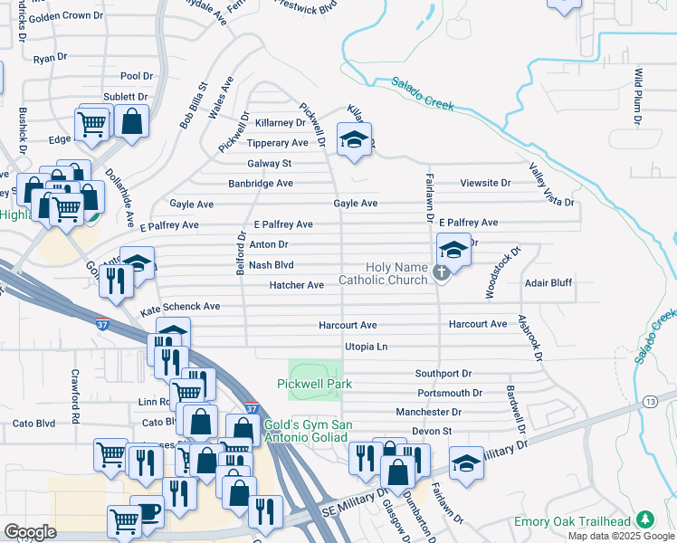 map of restaurants, bars, coffee shops, grocery stores, and more near 295 Hatcher Avenue in San Antonio
