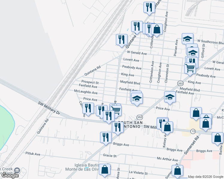 map of restaurants, bars, coffee shops, grocery stores, and more near 1108 Fenfield Avenue in San Antonio