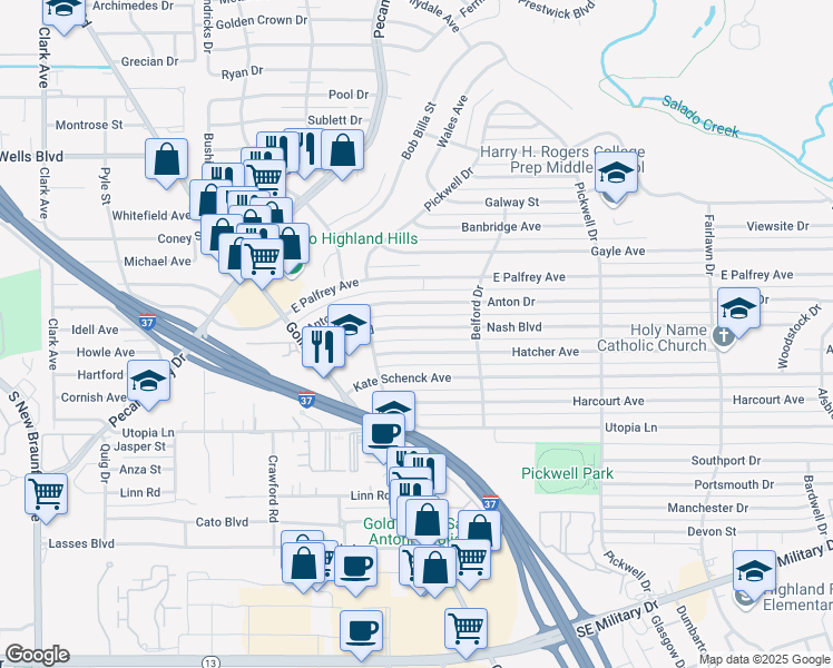 map of restaurants, bars, coffee shops, grocery stores, and more near 230 Nash Boulevard in San Antonio