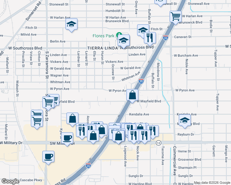 map of restaurants, bars, coffee shops, grocery stores, and more near 1262 West Pyron Avenue in San Antonio