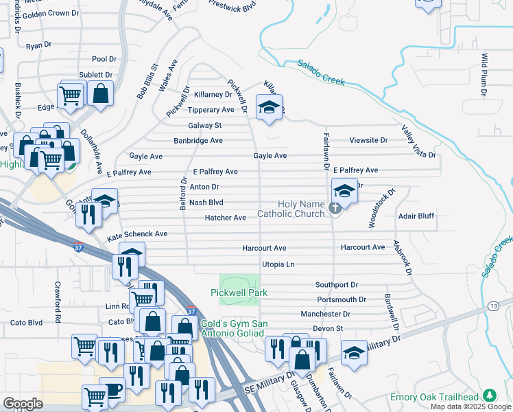 map of restaurants, bars, coffee shops, grocery stores, and more near 295 Hatcher Avenue in San Antonio