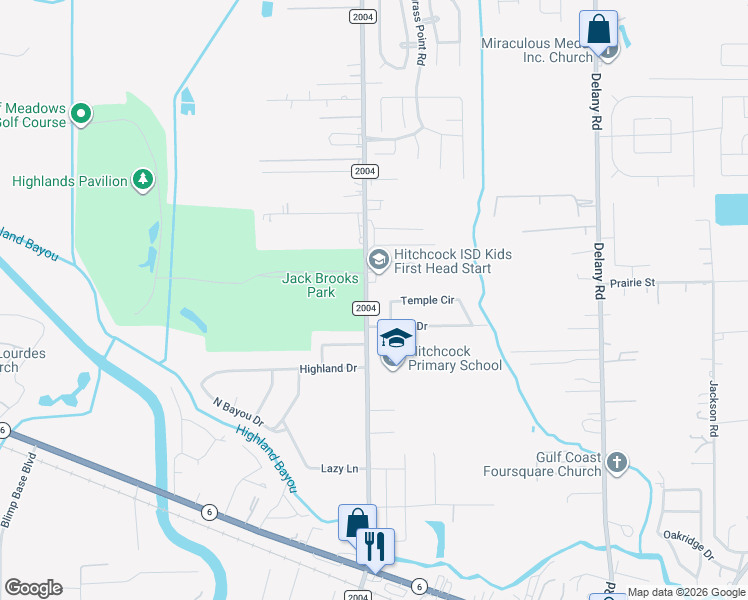 map of restaurants, bars, coffee shops, grocery stores, and more near 705 Temple Circle in Hitchcock
