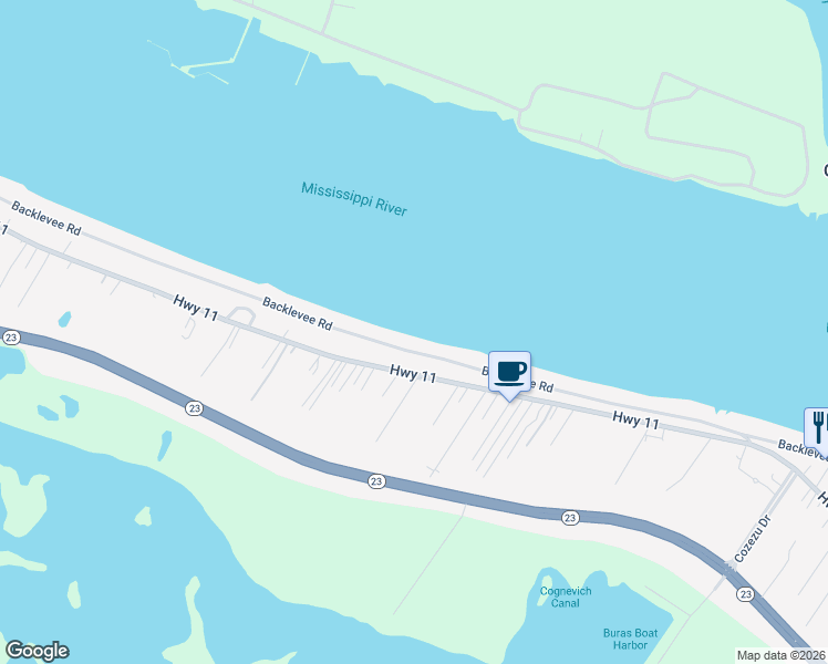 map of restaurants, bars, coffee shops, grocery stores, and more near 34927 Highway 11 in Buras