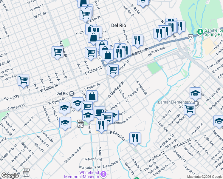 map of restaurants, bars, coffee shops, grocery stores, and more near 300 East Garfield Street in Del Rio