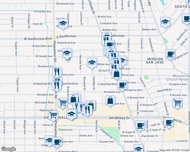 map of restaurants, bars, coffee shops, grocery stores, and more near 124 Handley Street in San Antonio