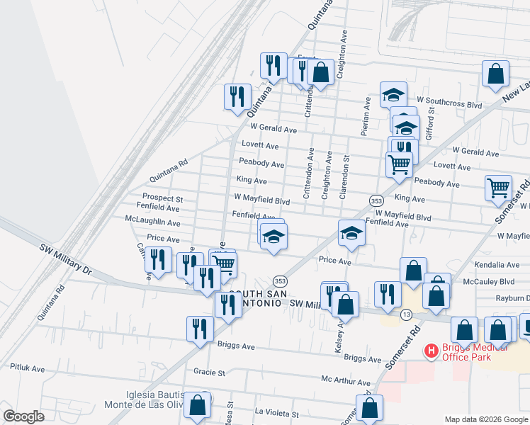 map of restaurants, bars, coffee shops, grocery stores, and more near 922 Fenfield Avenue in San Antonio