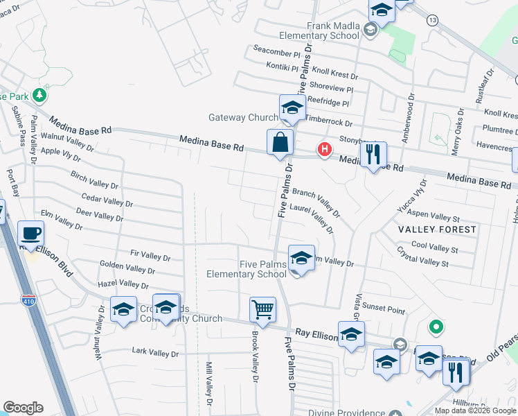 map of restaurants, bars, coffee shops, grocery stores, and more near 5926 Lady Lane in San Antonio