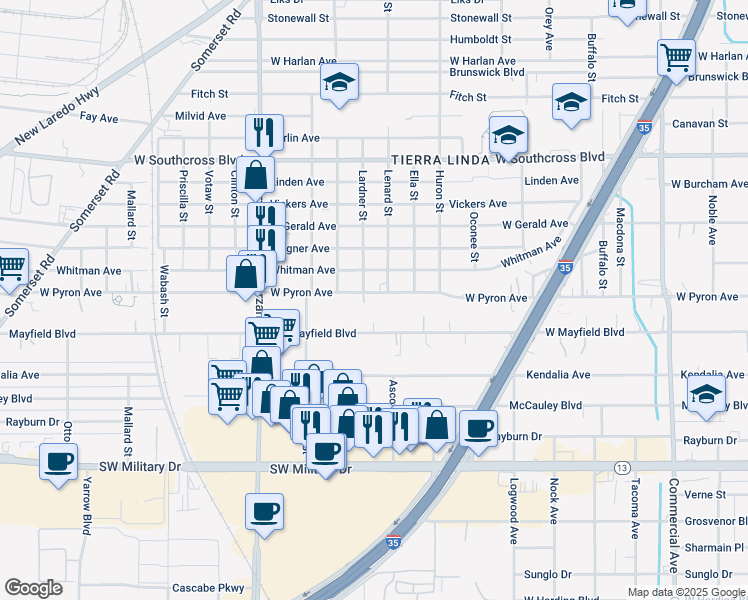 map of restaurants, bars, coffee shops, grocery stores, and more near 1442 West Pyron Avenue in San Antonio