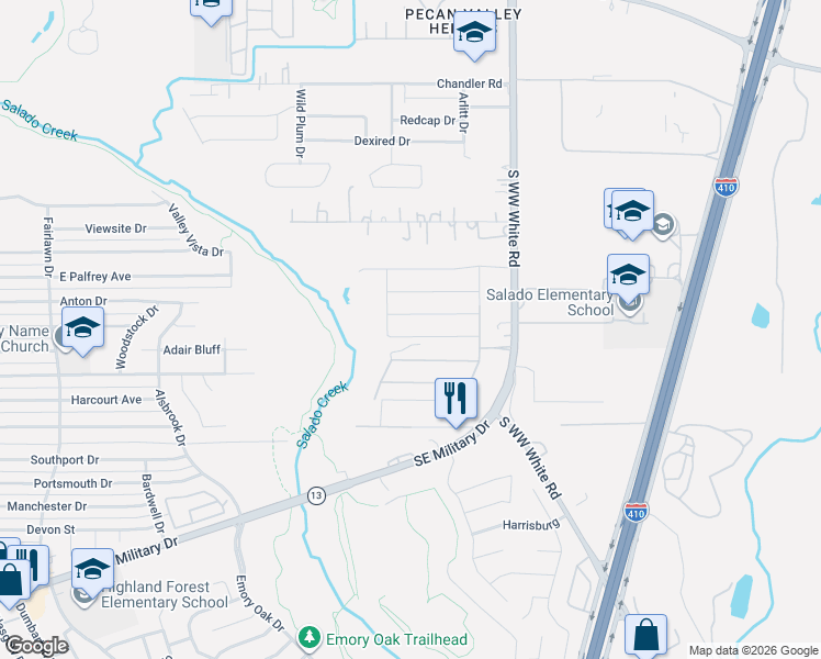 map of restaurants, bars, coffee shops, grocery stores, and more near 3615 South WW White Road in San Antonio