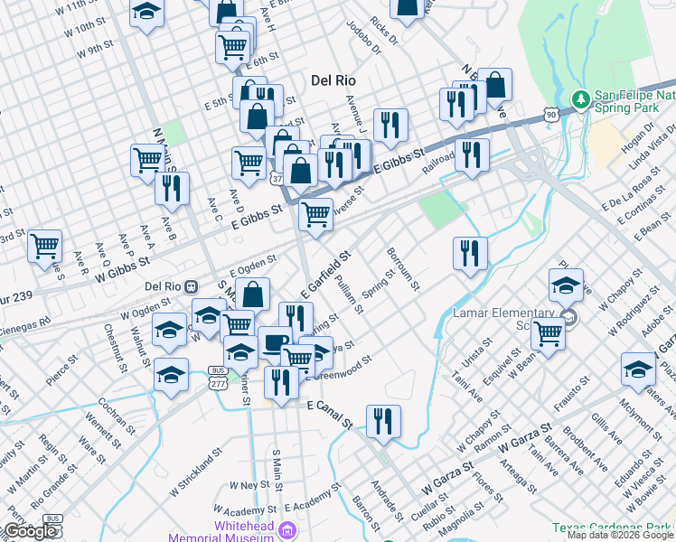 map of restaurants, bars, coffee shops, grocery stores, and more near 300 East Garfield Street in Del Rio