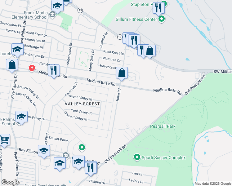 map of restaurants, bars, coffee shops, grocery stores, and more near 5402 Pearl Valley in San Antonio
