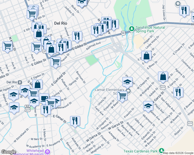 map of restaurants, bars, coffee shops, grocery stores, and more near 837-899 E Losoya St in Del Rio