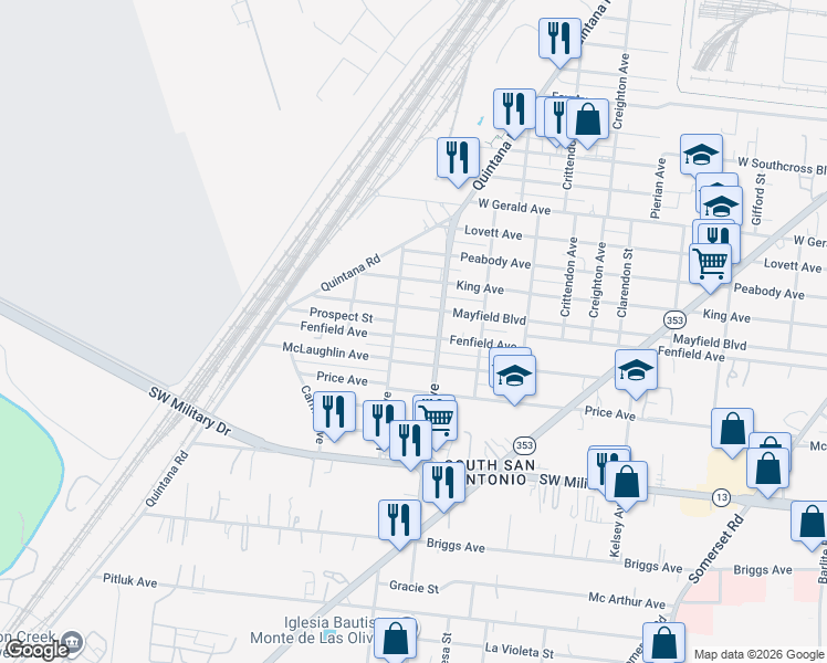 map of restaurants, bars, coffee shops, grocery stores, and more near 1108 Fenfield Avenue in San Antonio