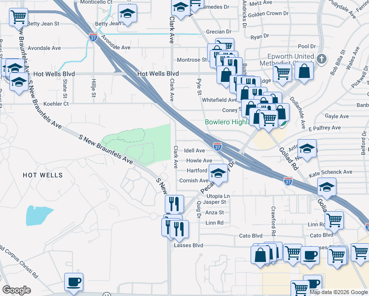 map of restaurants, bars, coffee shops, grocery stores, and more near 130 Idell Avenue in San Antonio