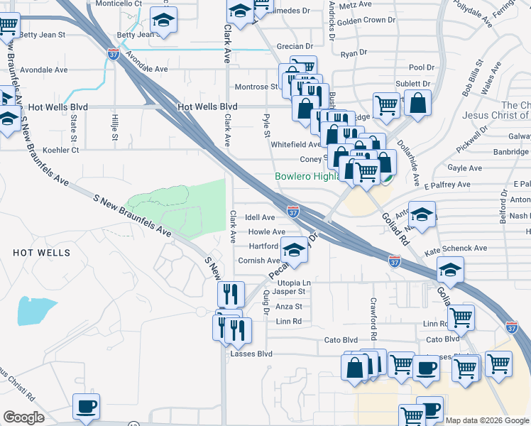 map of restaurants, bars, coffee shops, grocery stores, and more near 130 Idell Avenue in San Antonio