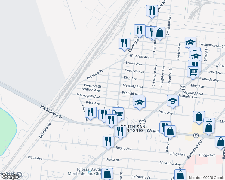 map of restaurants, bars, coffee shops, grocery stores, and more near 1108 Fenfield Avenue in San Antonio