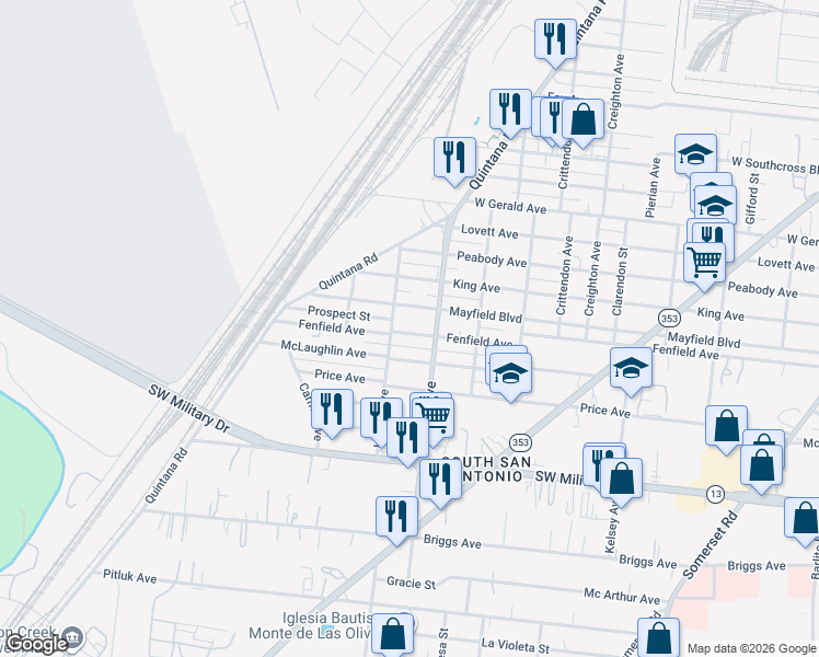 map of restaurants, bars, coffee shops, grocery stores, and more near 1108 Fenfield Avenue in San Antonio
