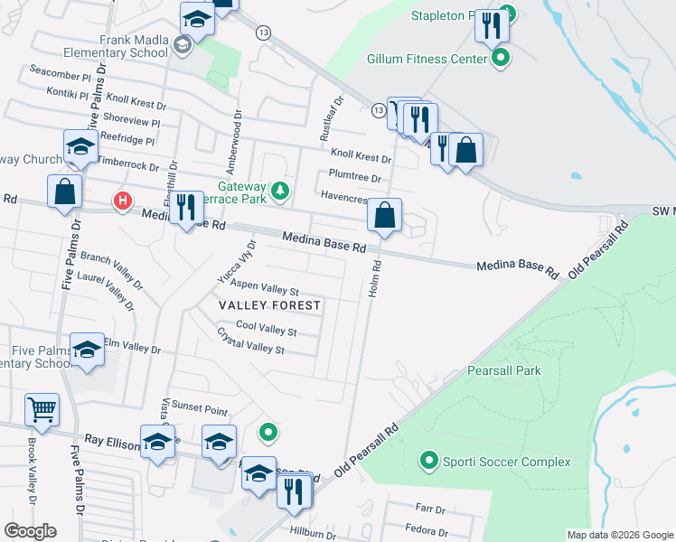 map of restaurants, bars, coffee shops, grocery stores, and more near 5402 Pearl Valley in San Antonio