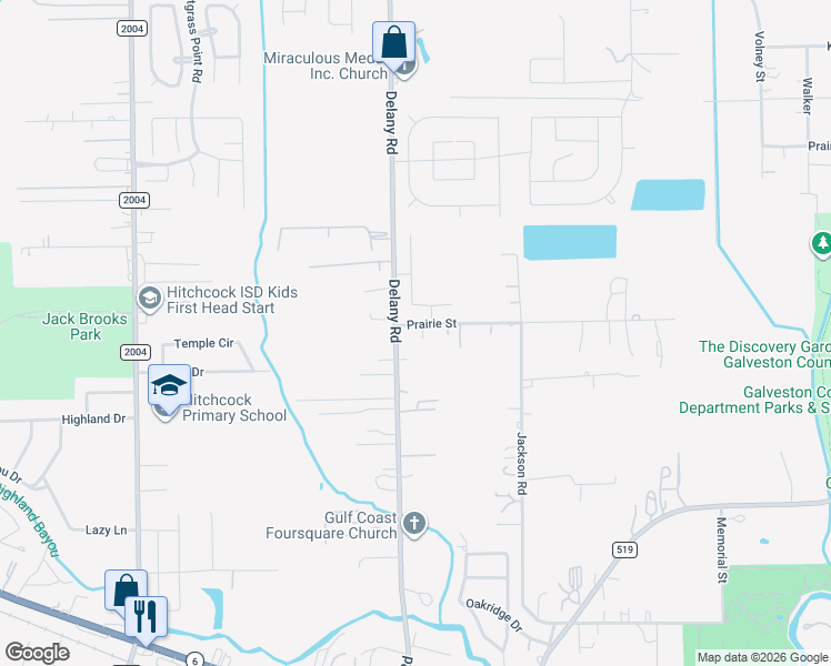 map of restaurants, bars, coffee shops, grocery stores, and more near 5809 Delany Road in Hitchcock