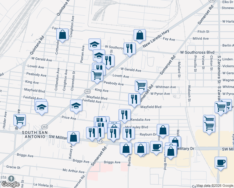 map of restaurants, bars, coffee shops, grocery stores, and more near 1011 West Mayfield Boulevard in San Antonio