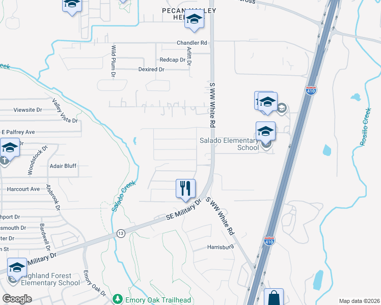 map of restaurants, bars, coffee shops, grocery stores, and more near 3615 South WW White Road in San Antonio
