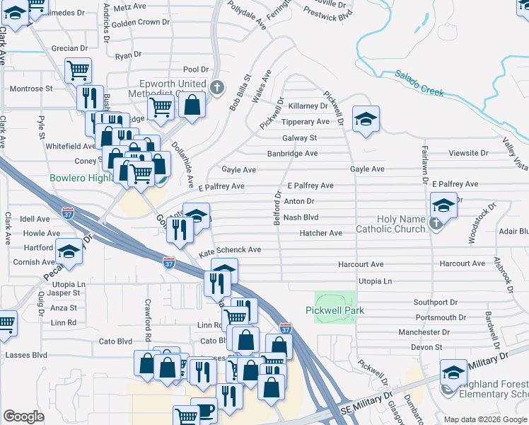 map of restaurants, bars, coffee shops, grocery stores, and more near 151 Hatcher Avenue in San Antonio