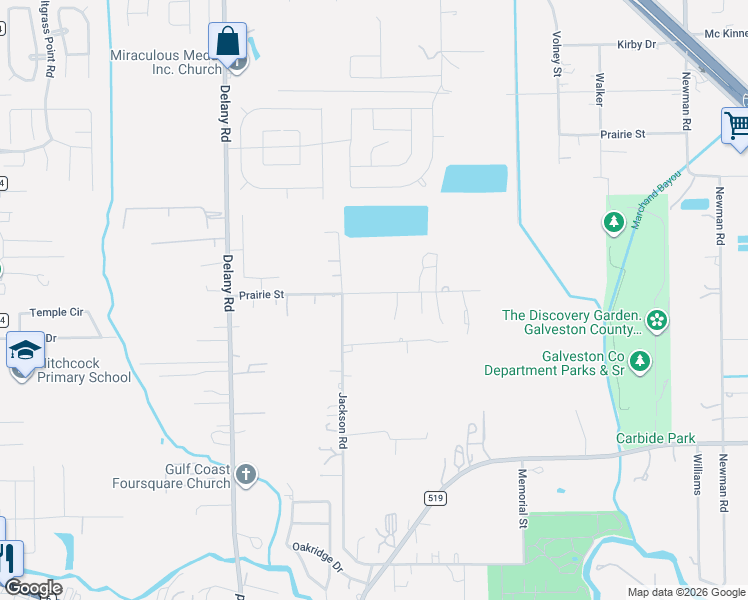 map of restaurants, bars, coffee shops, grocery stores, and more near 7717 Prairie Street in Hitchcock