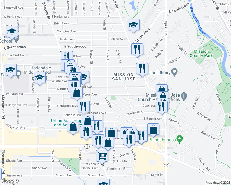 map of restaurants, bars, coffee shops, grocery stores, and more near 310 East Pyron Avenue in San Antonio
