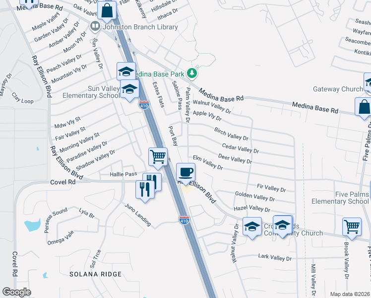 map of restaurants, bars, coffee shops, grocery stores, and more near 6290 Elm Valley Drive in San Antonio