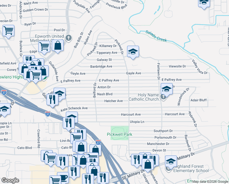 map of restaurants, bars, coffee shops, grocery stores, and more near 263 Hatcher Avenue in San Antonio