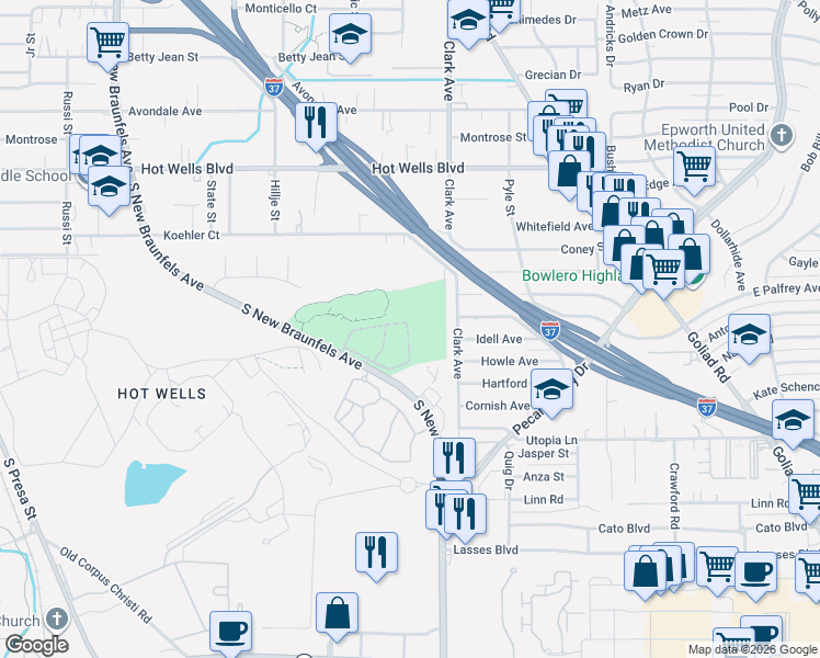 map of restaurants, bars, coffee shops, grocery stores, and more near in San Antonio