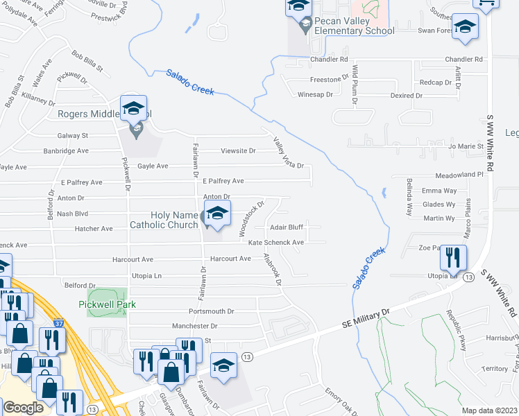 map of restaurants, bars, coffee shops, grocery stores, and more near 6518 Woodstock Drive in San Antonio