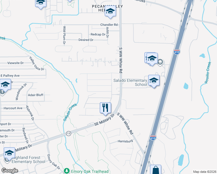 map of restaurants, bars, coffee shops, grocery stores, and more near 3615 South WW White Road in San Antonio