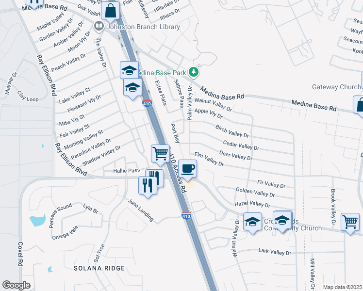 map of restaurants, bars, coffee shops, grocery stores, and more near 6314 Deer Valley Drive in San Antonio