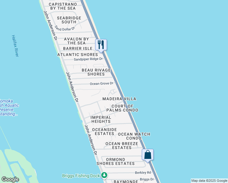map of restaurants, bars, coffee shops, grocery stores, and more near in Ormond-by-the-Sea
