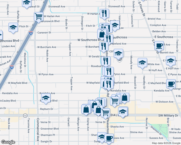 map of restaurants, bars, coffee shops, grocery stores, and more near 164 Rosebud Lane in San Antonio