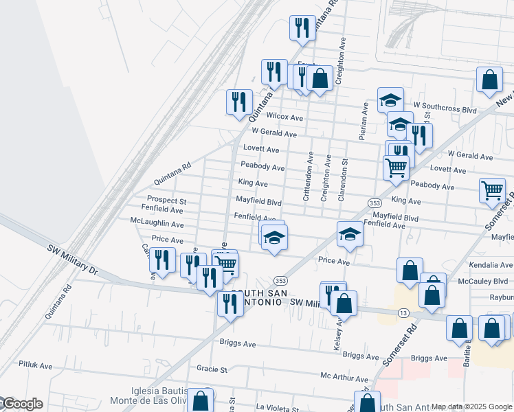 map of restaurants, bars, coffee shops, grocery stores, and more near 830 King Avenue in San Antonio