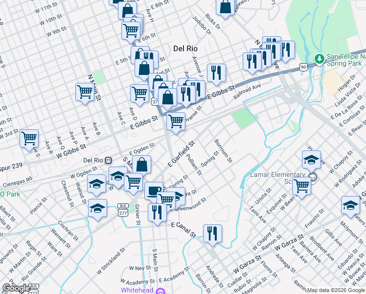 map of restaurants, bars, coffee shops, grocery stores, and more near 204 Texas Street in Del Rio