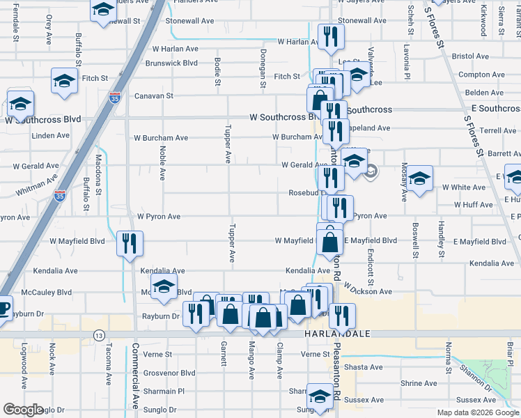 map of restaurants, bars, coffee shops, grocery stores, and more near 212 Rosebud Lane in San Antonio