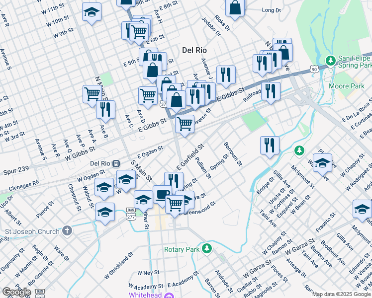 map of restaurants, bars, coffee shops, grocery stores, and more near 204 Texas Street in Del Rio