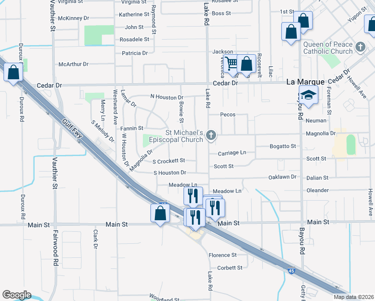 map of restaurants, bars, coffee shops, grocery stores, and more near 1603 Travis Court in La Marque