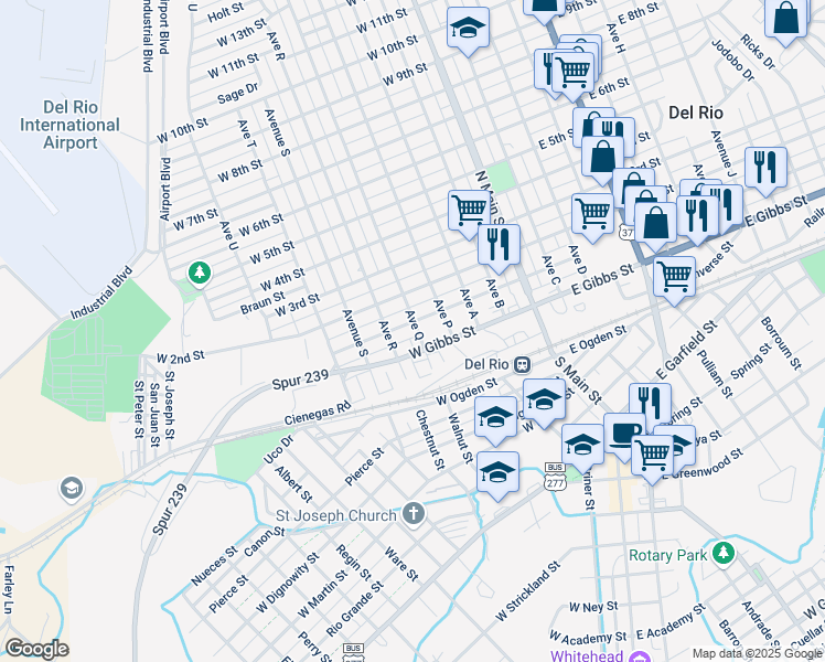 map of restaurants, bars, coffee shops, grocery stores, and more near 409-411 West 1st Street in Del Rio