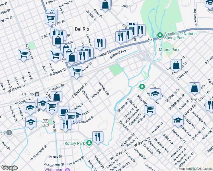 map of restaurants, bars, coffee shops, grocery stores, and more near 605 Spring Street in Del Rio