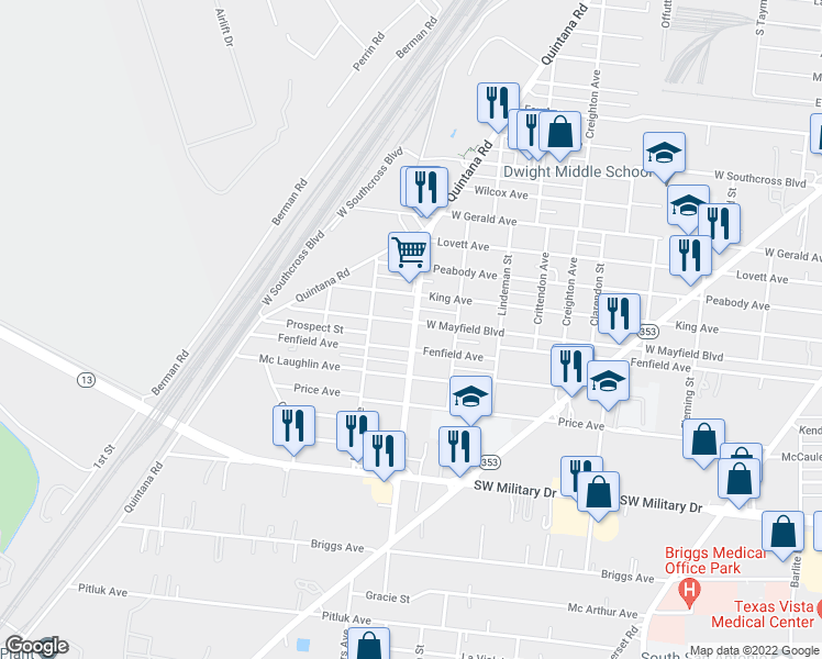 map of restaurants, bars, coffee shops, grocery stores, and more near 1819 West Mayfield Boulevard in San Antonio